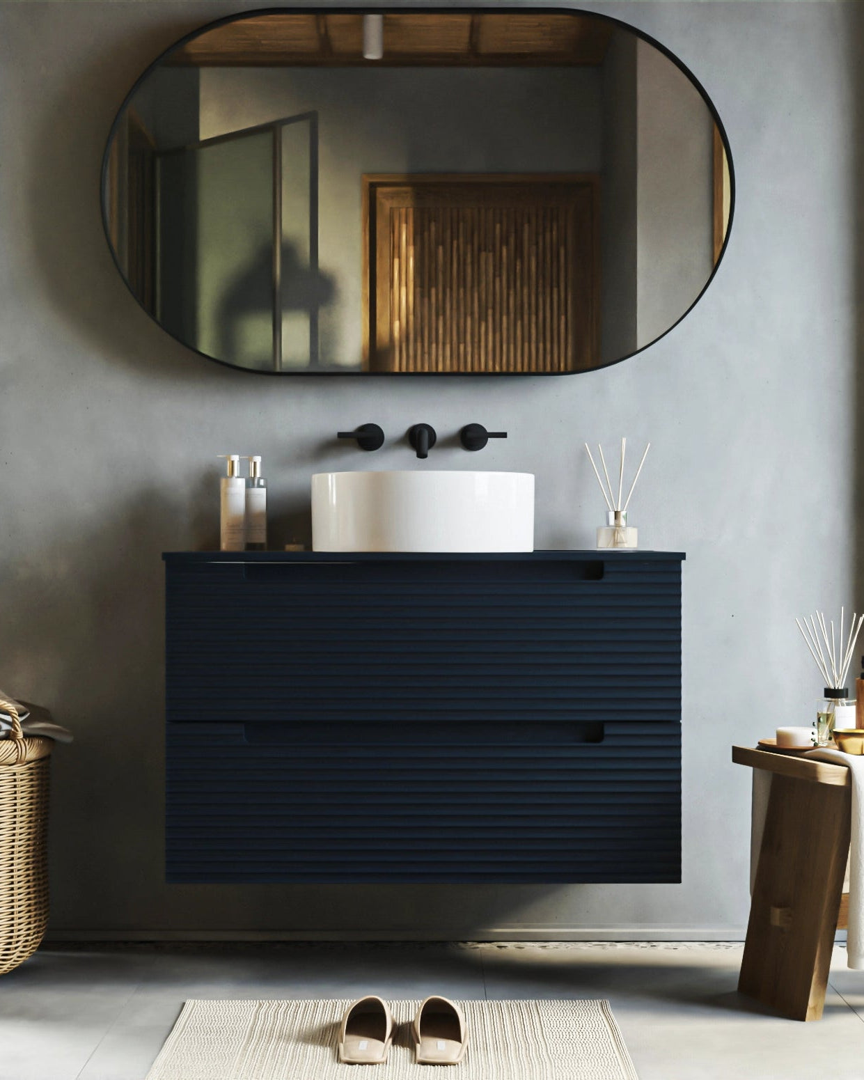 Mobile bagno blu notte 100x45 Mango lavabo tondo da Blu Scuro, vista laterale della struttura sospesa - Exagonshop