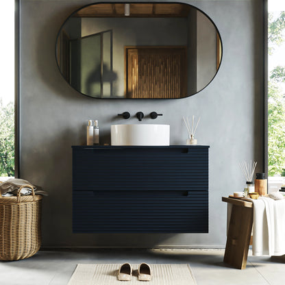 Mobile bagno blu notte 80x45 Mango due cassetti soft close con lavabo tondo da appoggio in ceramica lucida