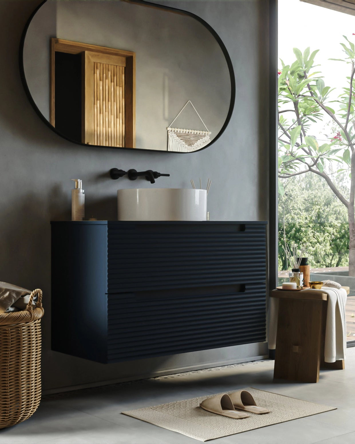 Mobile bagno blu notte 100x45 Mango lavabo tondo da Blu Scuro, dettaglio ravvicinato della finitura e del cassetto...