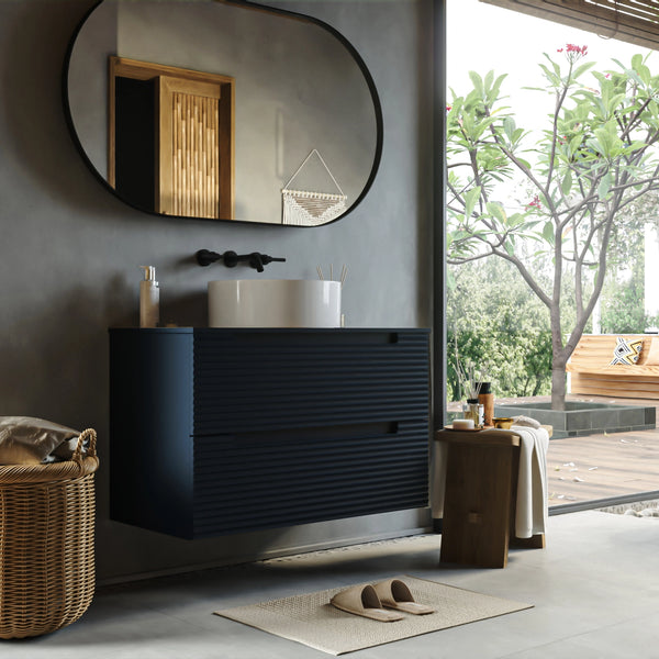 Mobile bagno blu notte 80x45 Mango due cassetti soft close con lavabo tondo da appoggio in ceramica lucida
