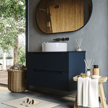 Mobile bagno blu notte 80x45 Mango due cassetti soft close con lavabo tondo da appoggio in ceramica lucida