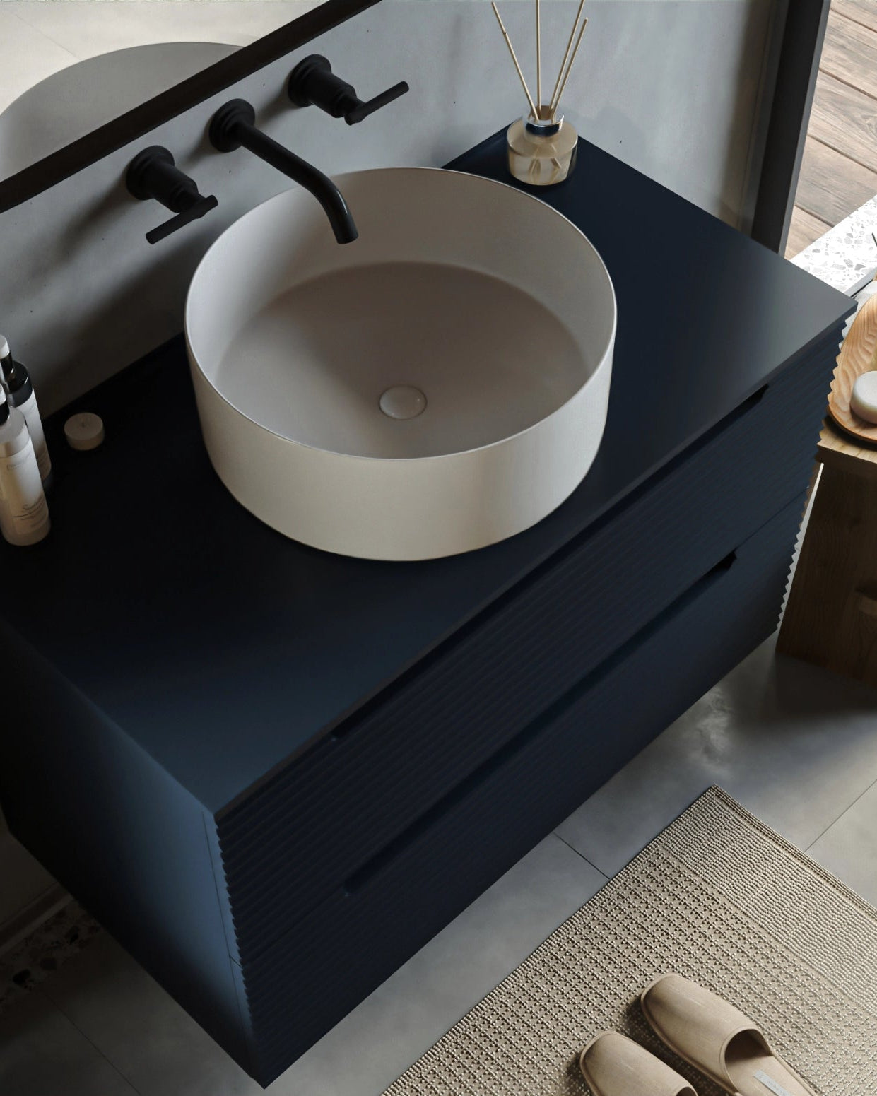 Mobile bagno blu notte 100x45 Mango lavabo tondo da Blu Scuro, vista dall'alto del piano con lavabo - Exagonshop