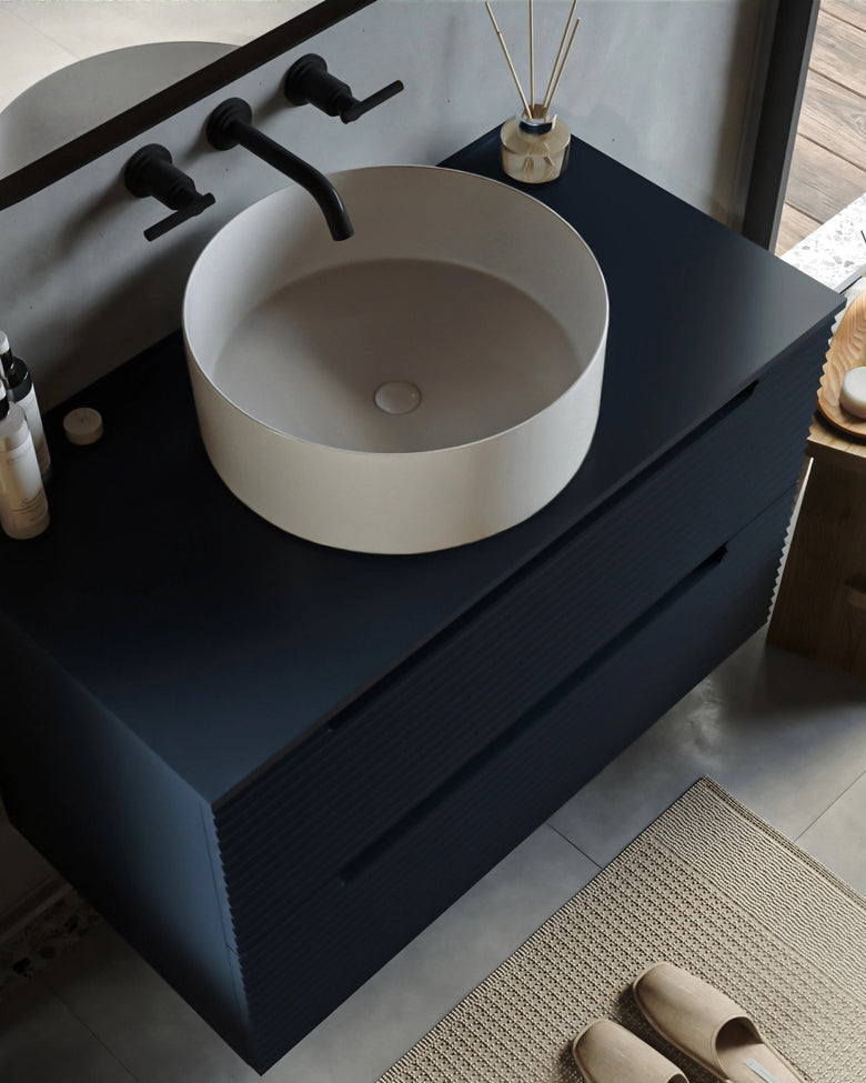 Mobile bagno blu notte 100x45 Mango lavabo tondo da Blu Scuro, vista dall'alto del piano con lavabo - Exagonshop