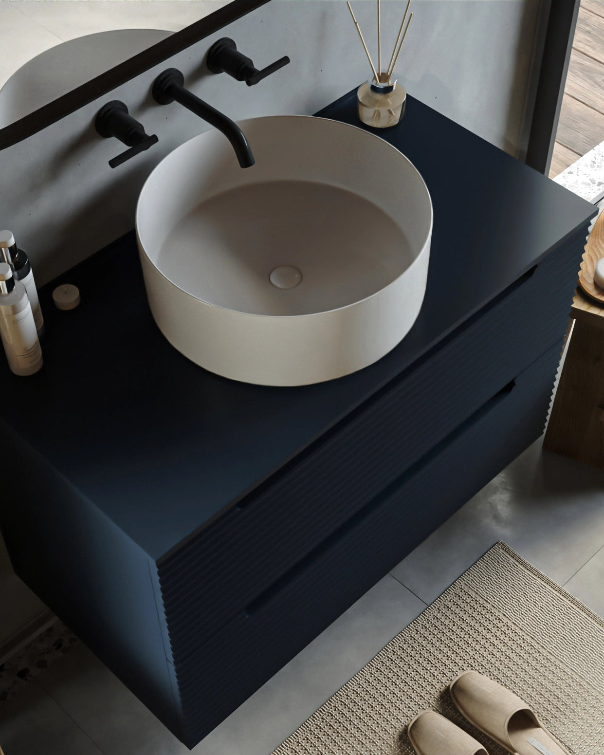 Mobile bagno blu notte 80x45 Mango lavabo tondo da appoggio Blu Scuro, vista dall'alto del piano con lavabo - Exagonshop