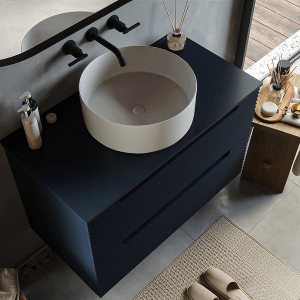 Mobile bagno blu notte 80x45 Mango due cassetti soft close con lavabo tondo da appoggio in ceramica lucida