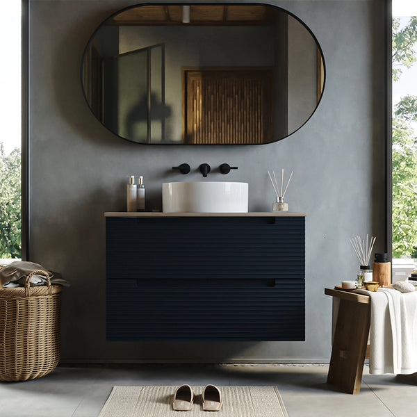 Mobile bagno blu notte 100x45 Mango soft close con top quercia e lavabo tondo da appoggio in ceramica lucida