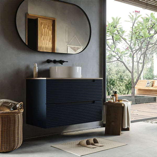 Mobile bagno blu notte 100x45 Mango soft close con top quercia e lavabo tondo da appoggio in ceramica lucida