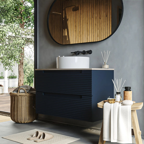 Mobile bagno blu notte 100x45 Mango soft close con top quercia e lavabo tondo da appoggio in ceramica lucida