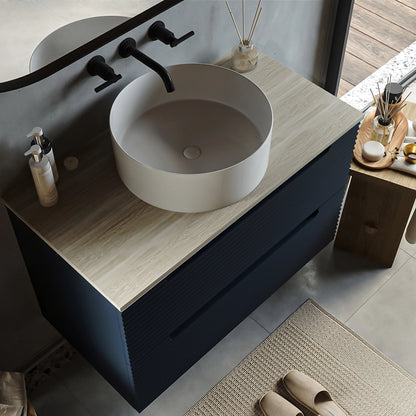 Mobile bagno blu notte 100x45 Mango soft close con top quercia e lavabo tondo da appoggio in ceramica lucida