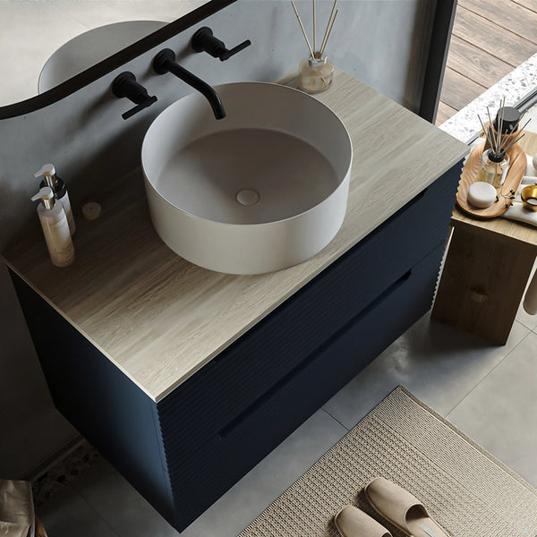 Mobile bagno blu notte 100x45 Mango soft close con top quercia e lavabo tondo da appoggio in ceramica lucida