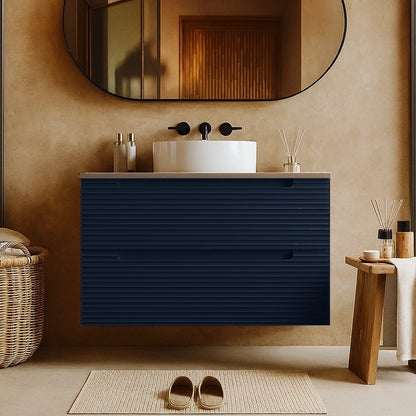 Mobile bagno blu notte 100x45 Mango soft close con top quercia e lavabo tondo da appoggio in ceramica lucida