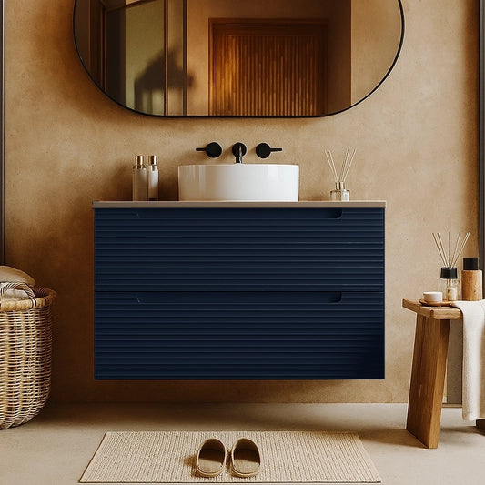 Mobile bagno blu notte 100x45 Mango soft close con top quercia e lavabo tondo da appoggio in ceramica lucida