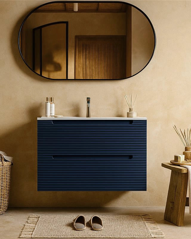Mobile bagno blu notte 80x45 Mango lavabo in ceramica lucida Blu Scuro in naturale con lavabo e rubinetteria, vista...