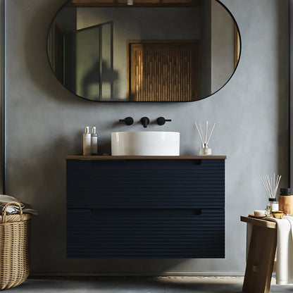 Mobile bagno blu notte 80x45 Mango due cassetti soft close con top noce e lavabo tondo da appoggio in ceramica lucida