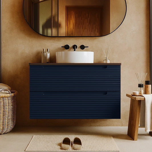 Mobile bagno blu notte 80x45 Mango due cassetti soft close con top noce e lavabo tondo da appoggio in ceramica lucida