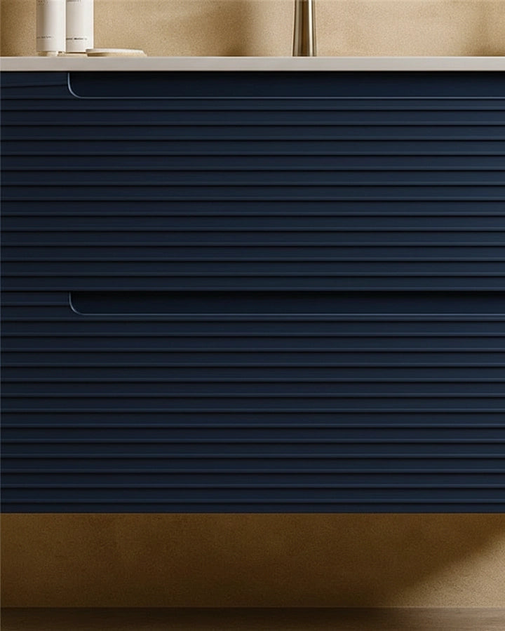 Mobile bagno blu notte 80x45 Mango lavabo in ceramica lucida Blu Scuro, dettaglio ravvicinato della finitura e del...