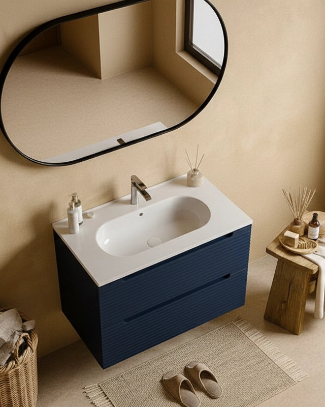Mobile bagno blu notte 80x45 Mango lavabo in ceramica lucida Blu Scuro, vista dall'alto del piano con lavabo - Exagonshop