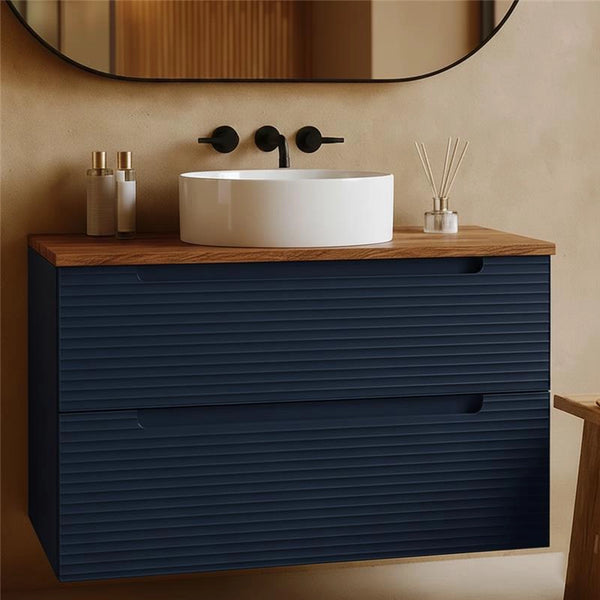 Mobile bagno blu notte 80x45 Mango top noce e lavabo tondo da appoggio in ceramica