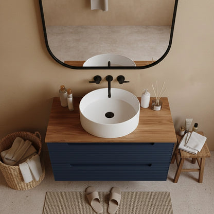 Mobile bagno blu notte 80x45 Mango top noce e lavabo tondo da appoggio in ceramica
