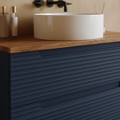Mobile bagno blu notte 80x45 Mango top noce e lavabo tondo da appoggio in ceramica