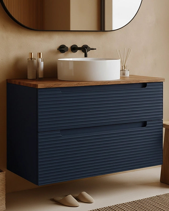Mobile bagno blu notte 80x45 Mango top noce e lavabo Blu Scuro, dettaglio ravvicinato della finitura e del cassetto...