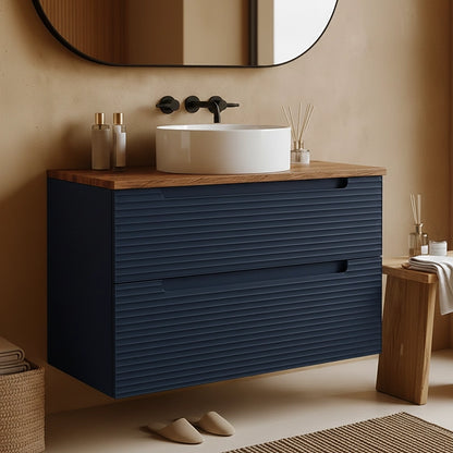 Mobile bagno blu notte 80x45 Mango top noce e lavabo tondo da appoggio in ceramica