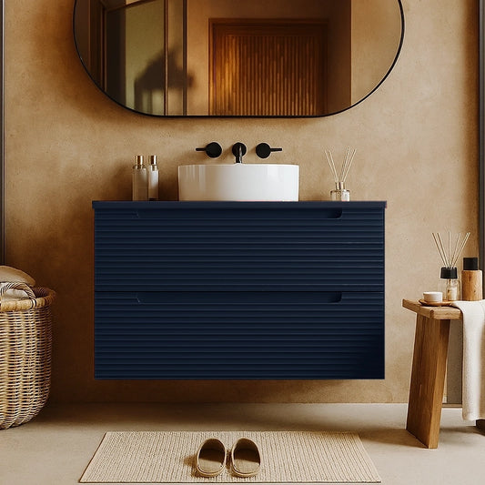 Mobile bagno blu notte 100x45 Mango due cassetti soft close con lavabo tondo da appoggio in ceramica lucida