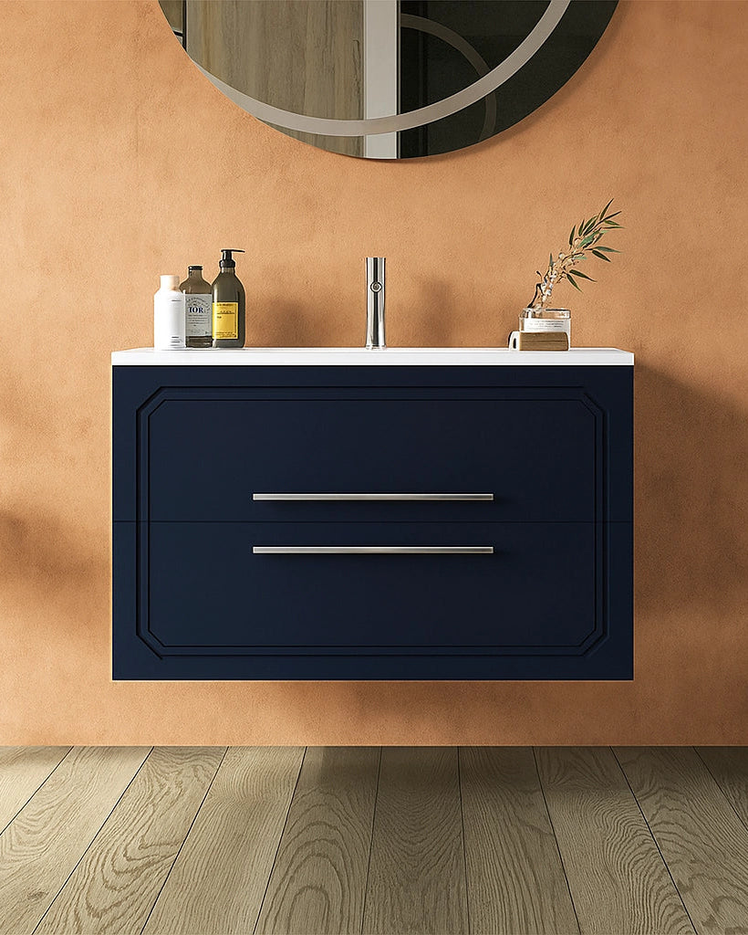 Mobile bagno blu opaco 80x46 Vienna lavabo in ceramica con lavabo e rubinetteria, vista frontale su sfondo neutro...