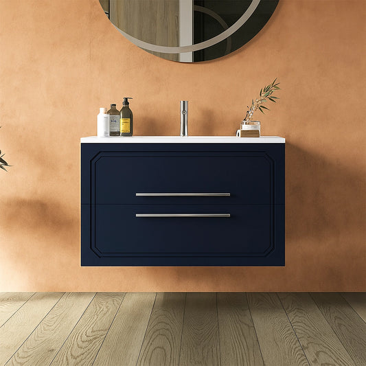 Mobile bagno blu opaco 80x46 Vienna con lavabo cassetti rifiniti con maniglie cromo