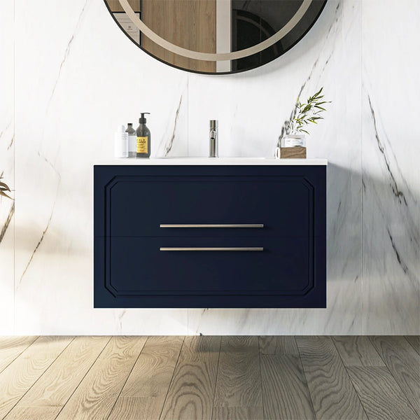 Mobile bagno blu opaco 80x46 Vienna con lavabo cassetti rifiniti con maniglie cromo