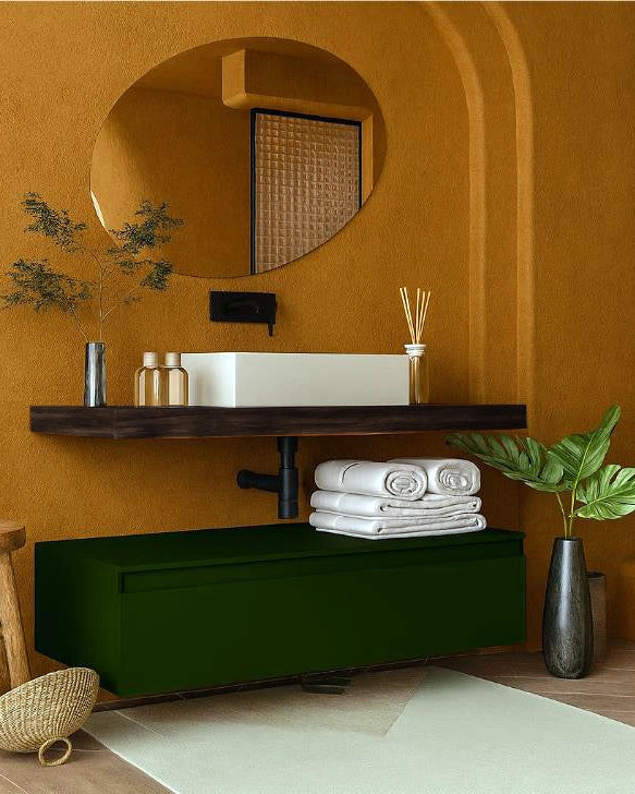 Mobile bagno caffe Verde opaco 120x50 Oasy con top e lavabo in ceramica e lucido con lavabo e rubinetteria, vista...