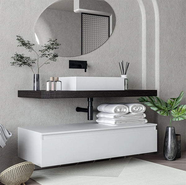 Mobile bagno caffe bianco opaco 120x50 Oasy un cassetto con top e lavabo rettangolare da appoggio