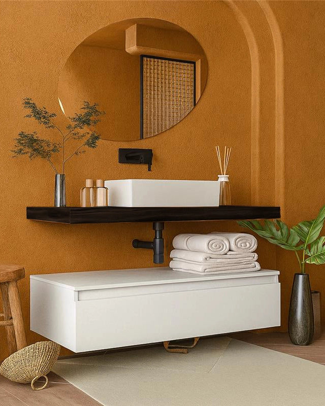 Mobile bagno caffe bianco opaco 120x50 Oasy con top e Bianco Matt in naturale con lavabo e rubinetteria, vista frontale...