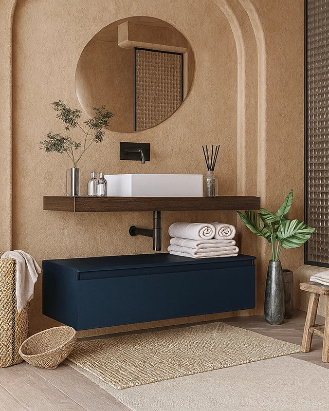 Mobile bagno caffe blu opaco 120x50 Oasy con top e lavabo in naturale con lavabo e rubinetteria, vista frontale su sfondo...