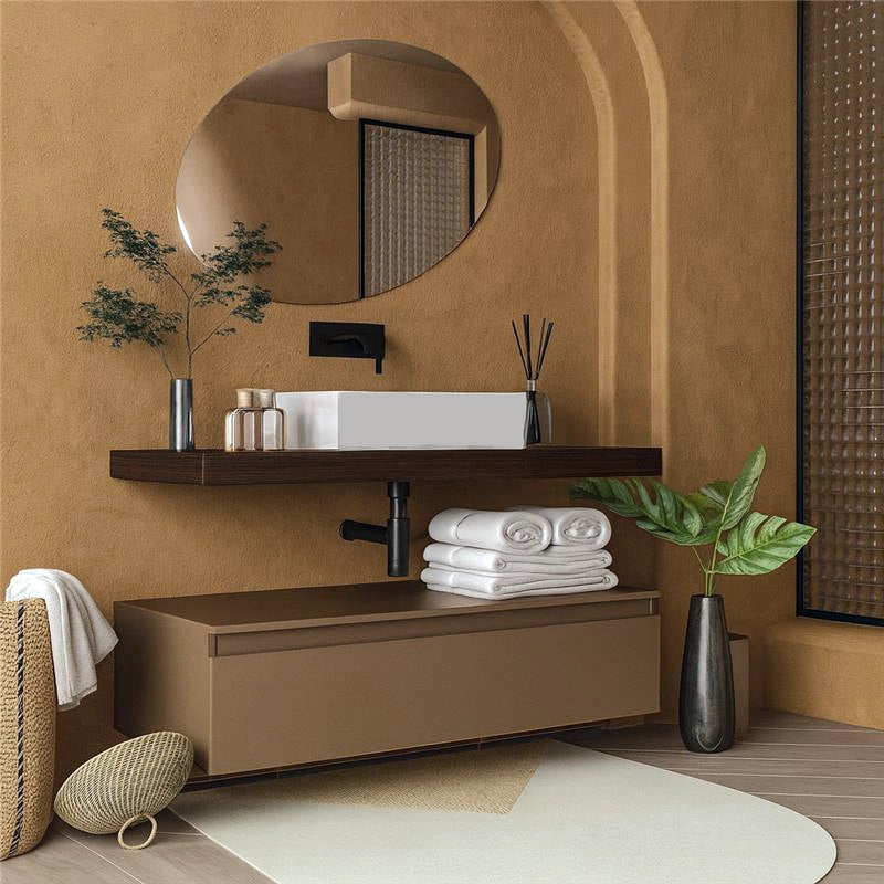 Mobile bagno caffe creta opaco 120x50 Oasy con top e lavabo in resina e naturale con lavabo e rubinetteria, vista...