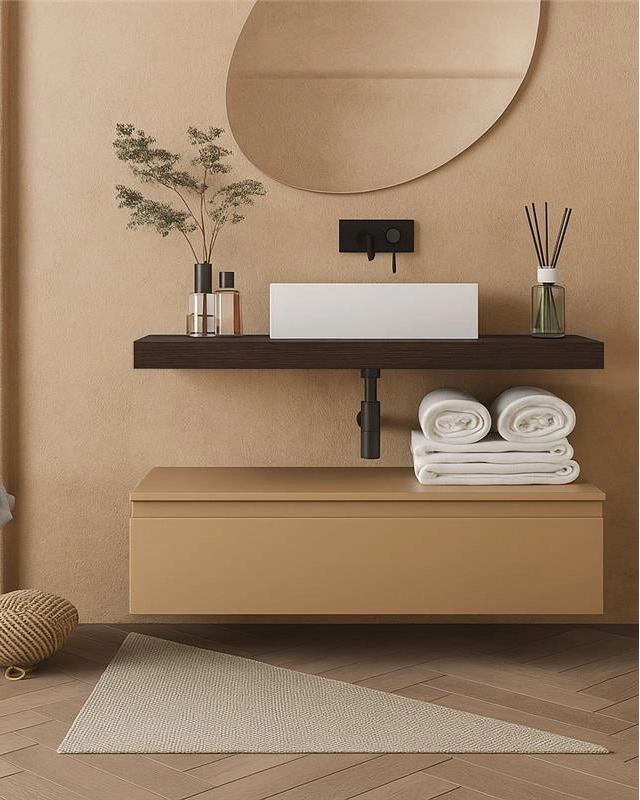 Mobile bagno caffe tortora opaco 120x50 Oasy con top e con lavabo e rubinetteria, vista frontale su sfondo neutro...