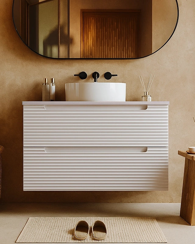 Mobile bagno canapa 100x45 Mango lavabo tondo da appoggio CANAPA MATT con lavabo e rubinetteria, vista frontale su sfondo...