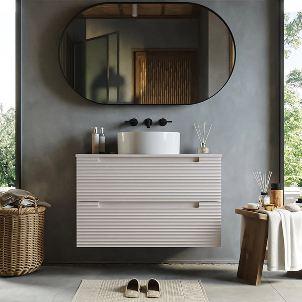 Mobile bagno canapa 80x45 Mango due cassetti soft close con lavabo tondo da appoggio in ceramica lucida
