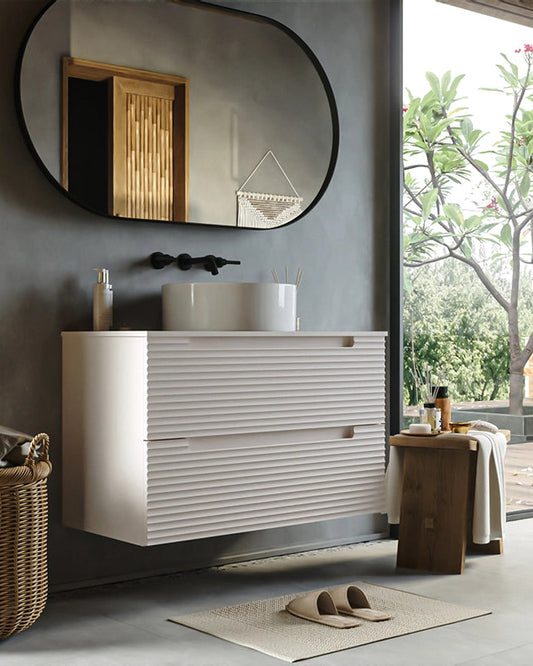 Mobile bagno canapa 100x45 Mango lavabo tondo da appoggio CANAPA MATT, vista dall'alto del piano con lavabo - Exagonshop