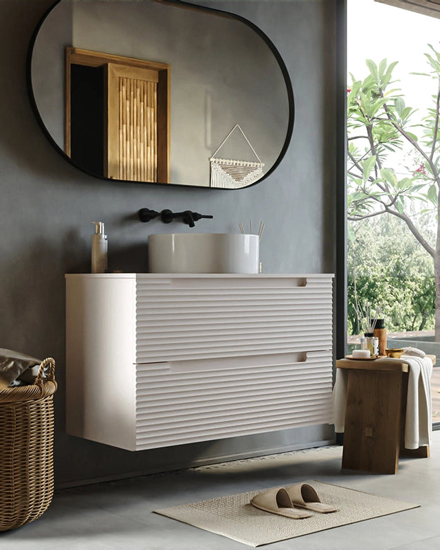 Mobile bagno canapa 80x45 Mango lavabo tondo da appoggio in CANAPA MATT, dettaglio ravvicinato della finitura e del...