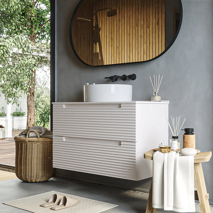 Mobile bagno canapa 80x45 Mango due cassetti soft close con lavabo tondo da appoggio in ceramica lucida