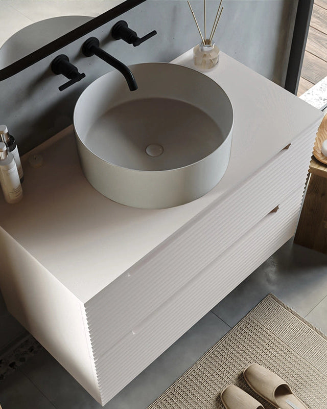 Mobile bagno canapa 100x45 Mango lavabo tondo da appoggio CANAPA MATT, dettaglio ravvicinato della finitura e del...