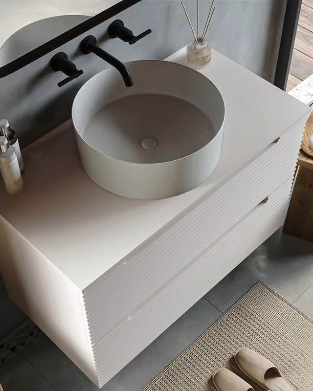 Mobile bagno canapa 80x45 Mango lavabo tondo da appoggio in CANAPA MATT, vista dall'alto del piano con lavabo - Exagonshop