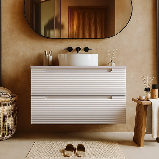 Mobile bagno canapa 80x45 Mango due cassetti soft close con lavabo tondo da appoggio in ceramica lucida