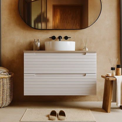 Mobile bagno canapa 100x45 Mango due cassetti soft close con top quercia e lavabo tondo da appoggio in ceramica lucida