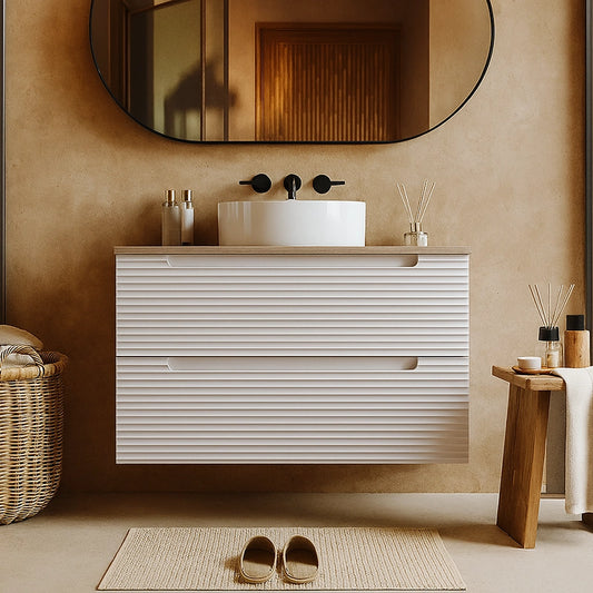 Mobile bagno canapa 100x45 Mango due cassetti soft close con top quercia e lavabo tondo da appoggio in ceramica lucida