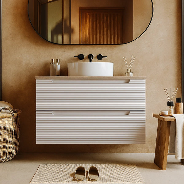 Mobile bagno canapa 100x45 Mango due cassetti soft close con top quercia e lavabo tondo da appoggio in ceramica lucida