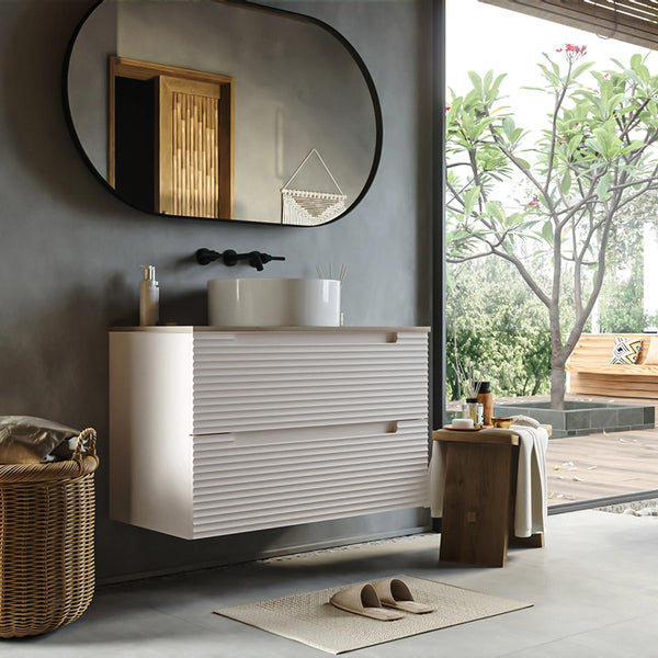 Mobile bagno canapa 80x45 Mango soft close con top noce e lavabo tondo da appoggio in ceramica lucida