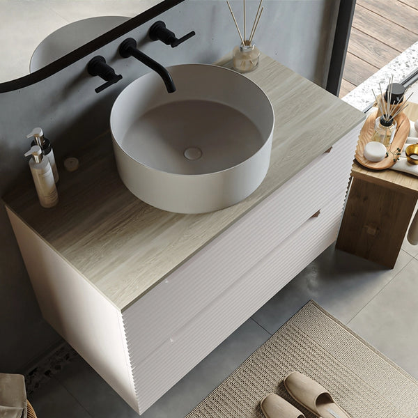 Mobile bagno canapa 80x45 Mango soft close con top noce e lavabo tondo da appoggio in ceramica lucida
