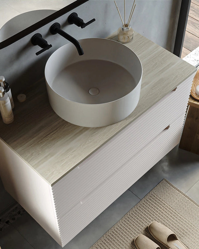 Mobile bagno canapa 80x45 Mango top noce e lavabo tondo da CANAPA MATT, vista dall'alto del piano con lavabo - Exagonshop